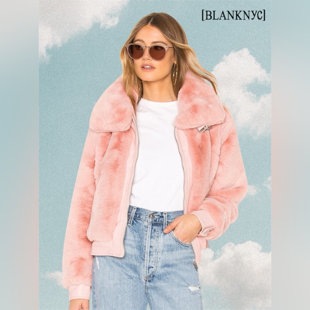 Blank NYC Faux Fur Cropped Bomber Jacket w/ Faux Leather Buckle Details